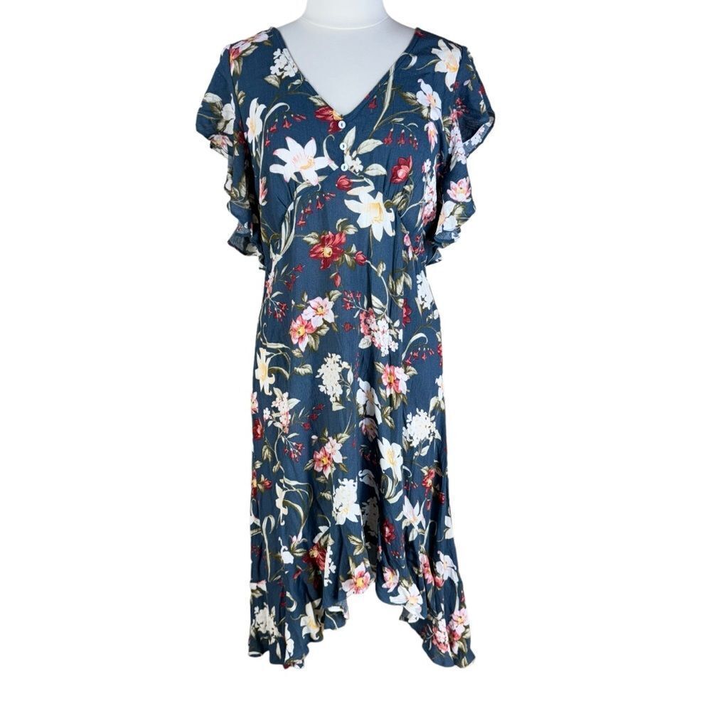 Kori Romantic Floral Midi Dress Gauzy Flounce V-Neck High Low Sundress L